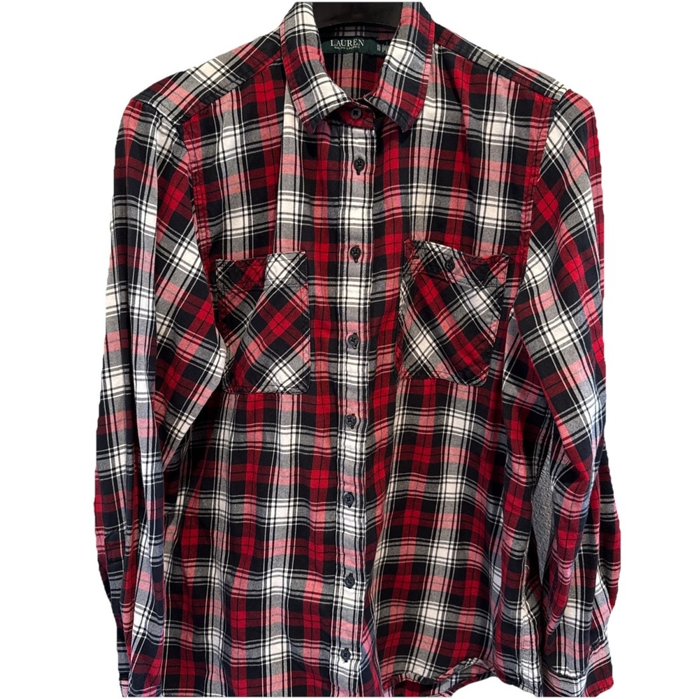 LRL Ralph Lauren Jeans Co. Plaid Flannel Shirt Womens Sz L Red Black White Chore
